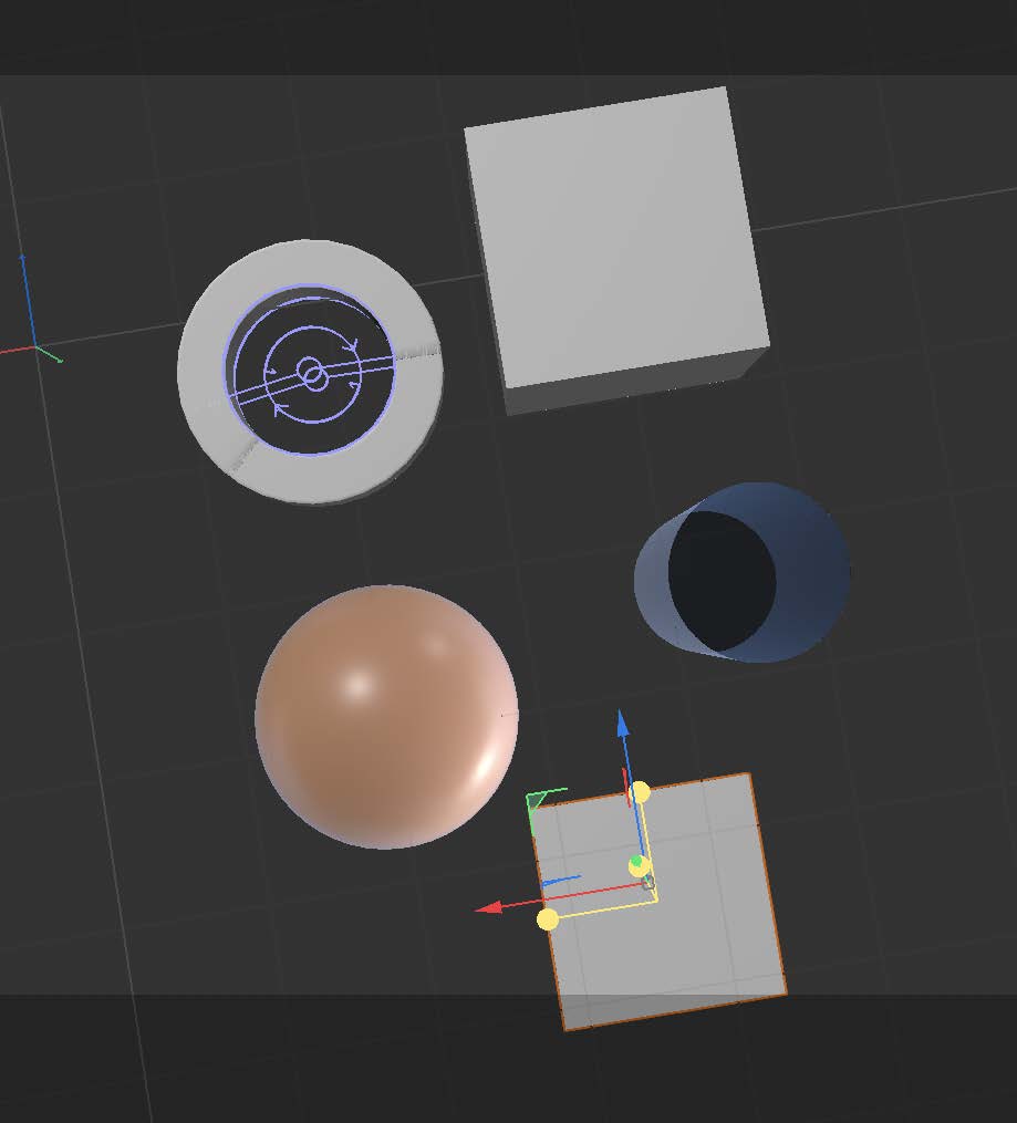 This is a screenshot of 5 basic modelling shapes in another high angle view