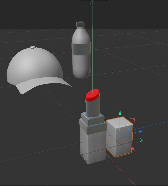 This is a screenshot of a hat model, a bottle of water model and a lipstick model with layers
