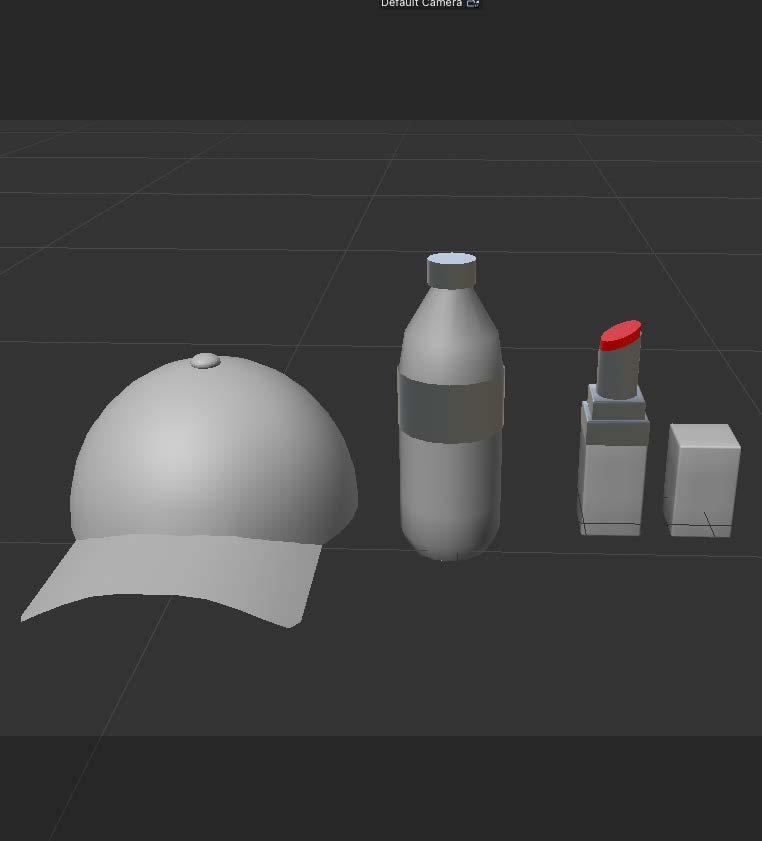 This is a screenshot of a hat model, a bottle of water model and a lipstick model from back view