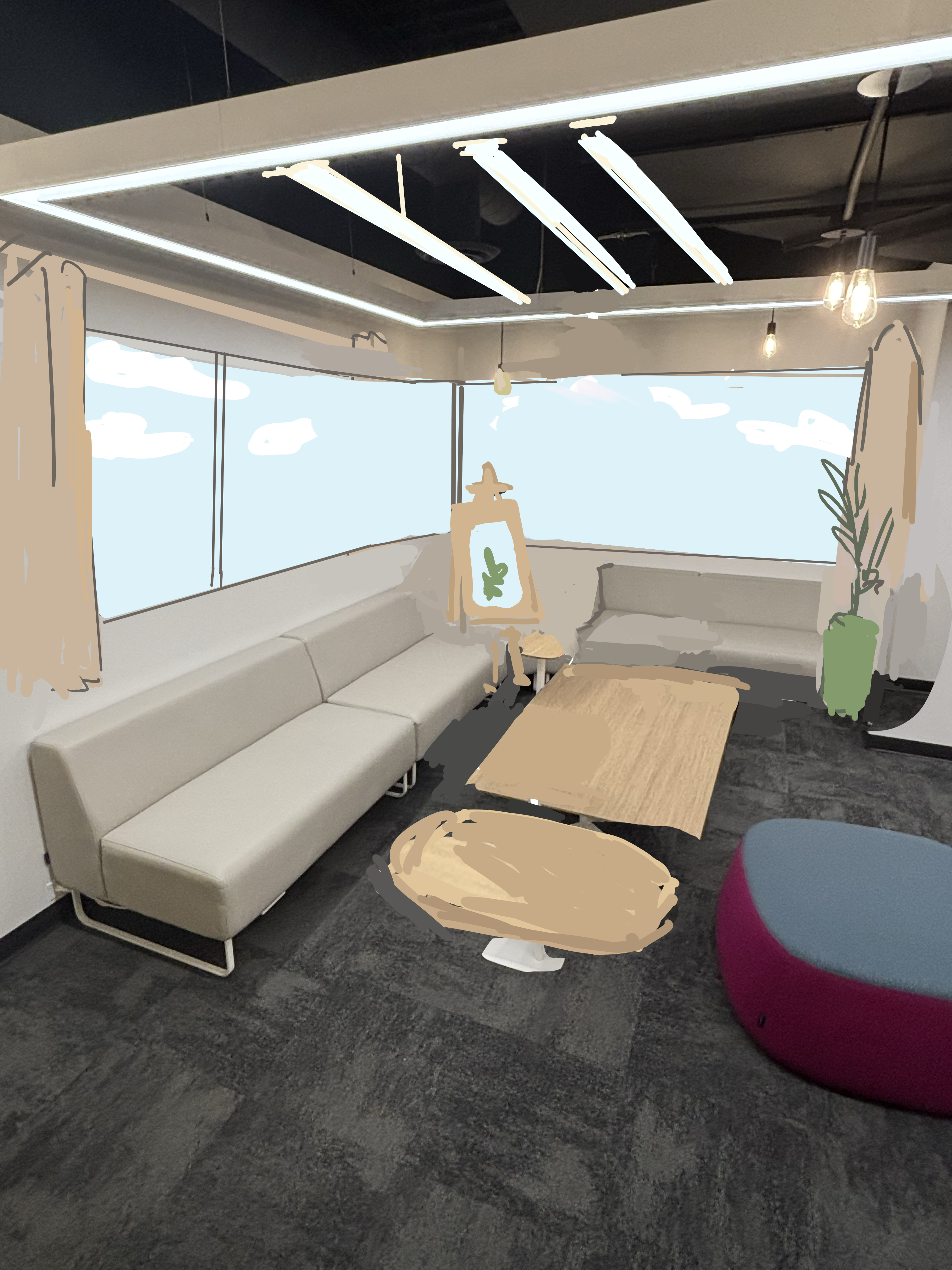 Based on the second floor of the SSU building, I designed a semi-panoramic window for this corner, characterized by brightness and transparency, allowing in abundant natural light. Moreover, an easel was set up to facilitate art students to sketch here, creating an artistic and vibrant atmosphere.<a href='https://www.youtube.com/embed/tgbNymZ7vqY' target='_blank'><p>Project Video Link</p></a>