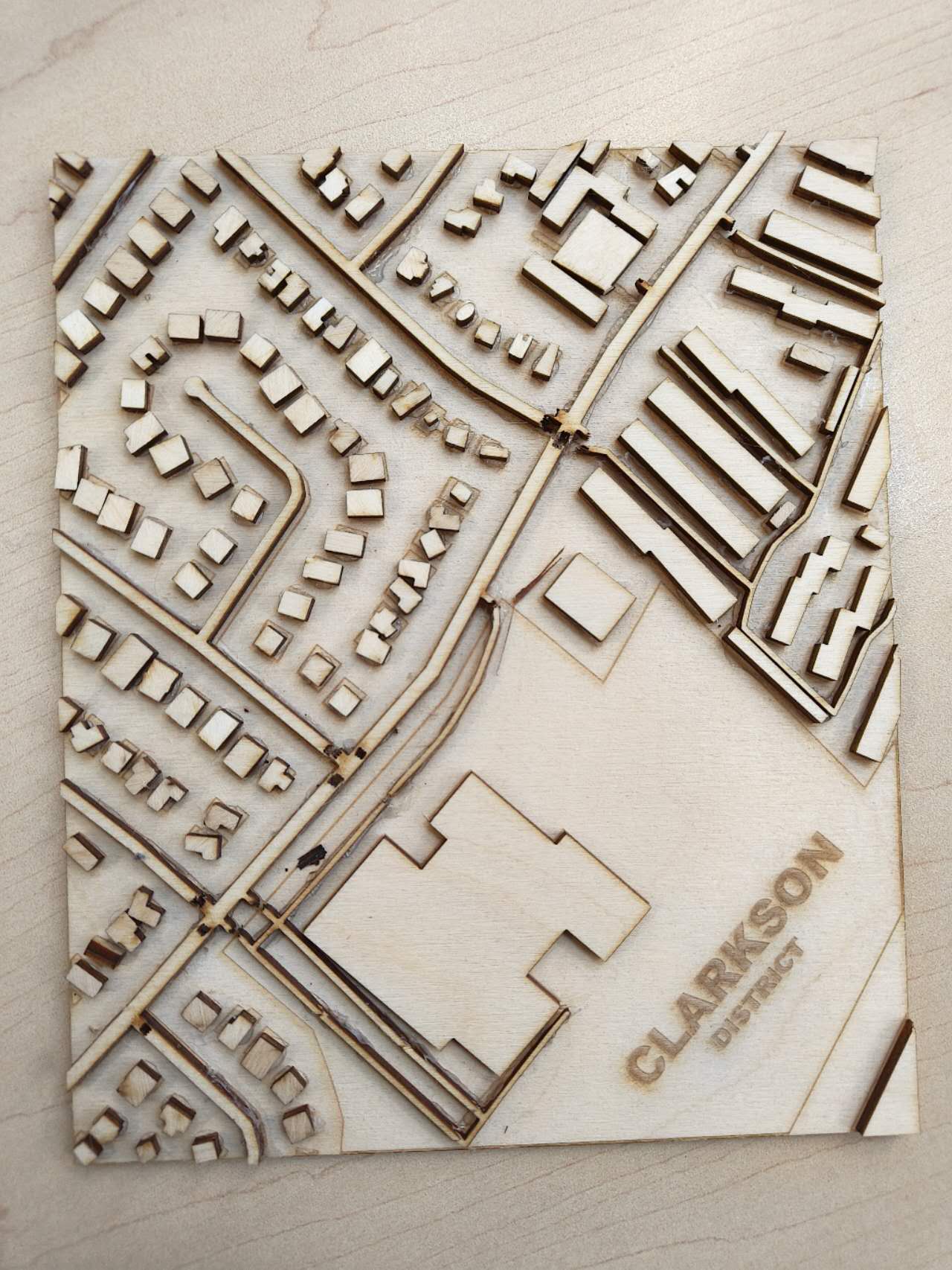 This is the Laser Cutting Map of a part of Clarkson, with two layers - Base board and Building/Roads.